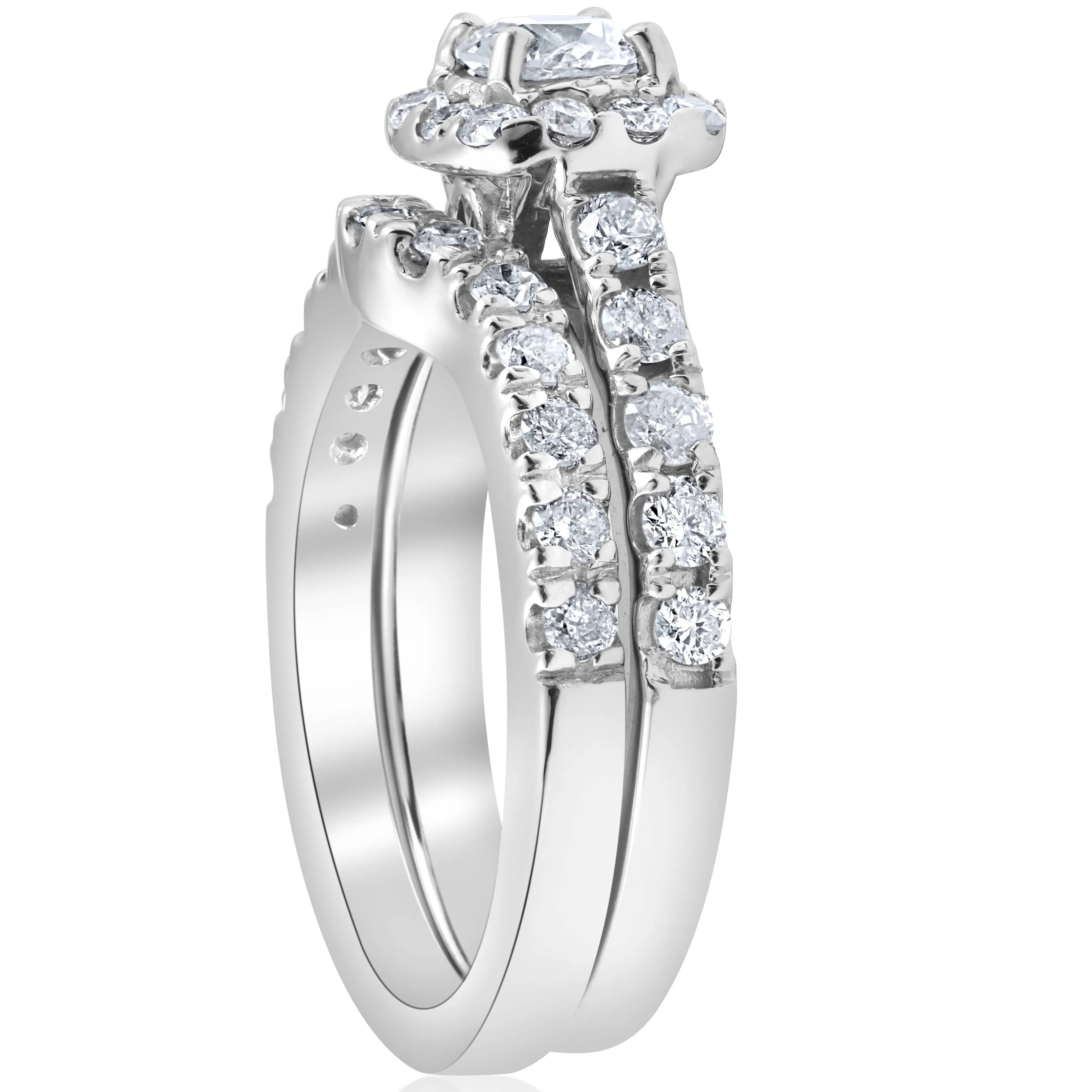 1 1/10Ct TDW Cushion Halo Engagement Wedding Ring Set 14k White Gold Lab Grown