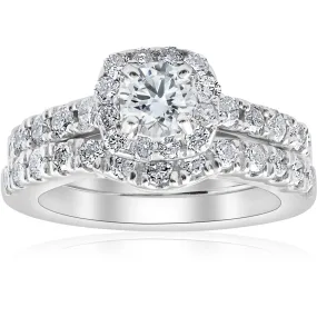 1 1/10Ct TDW Cushion Halo Engagement Wedding Ring Set 14k White Gold Lab Grown