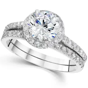 1 1/6ct Round Diamond Halo Engagement Ring Set 14K White Gold