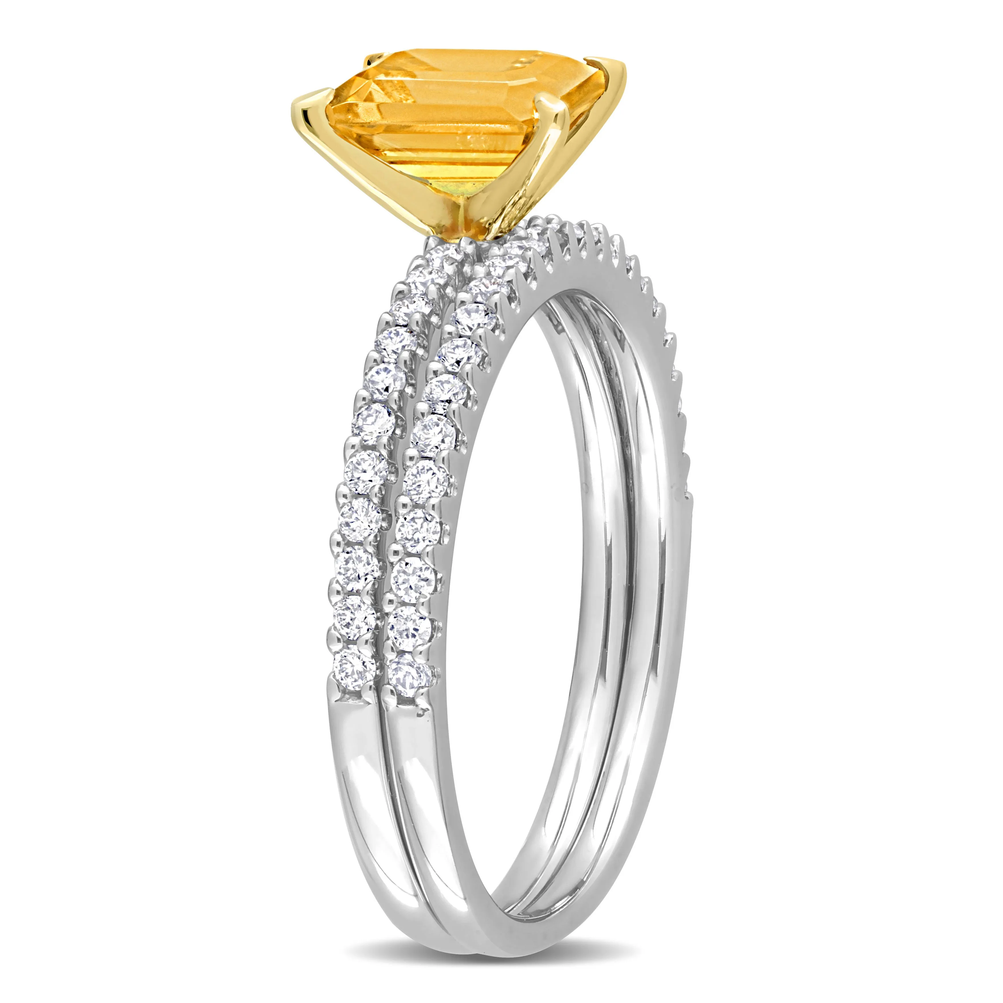 1 1/8 CT TGW Octagon Citrine and 3/8 CT TW Diamond Bridal Ring Set in 14k 2-Tone White and Yellow Gold