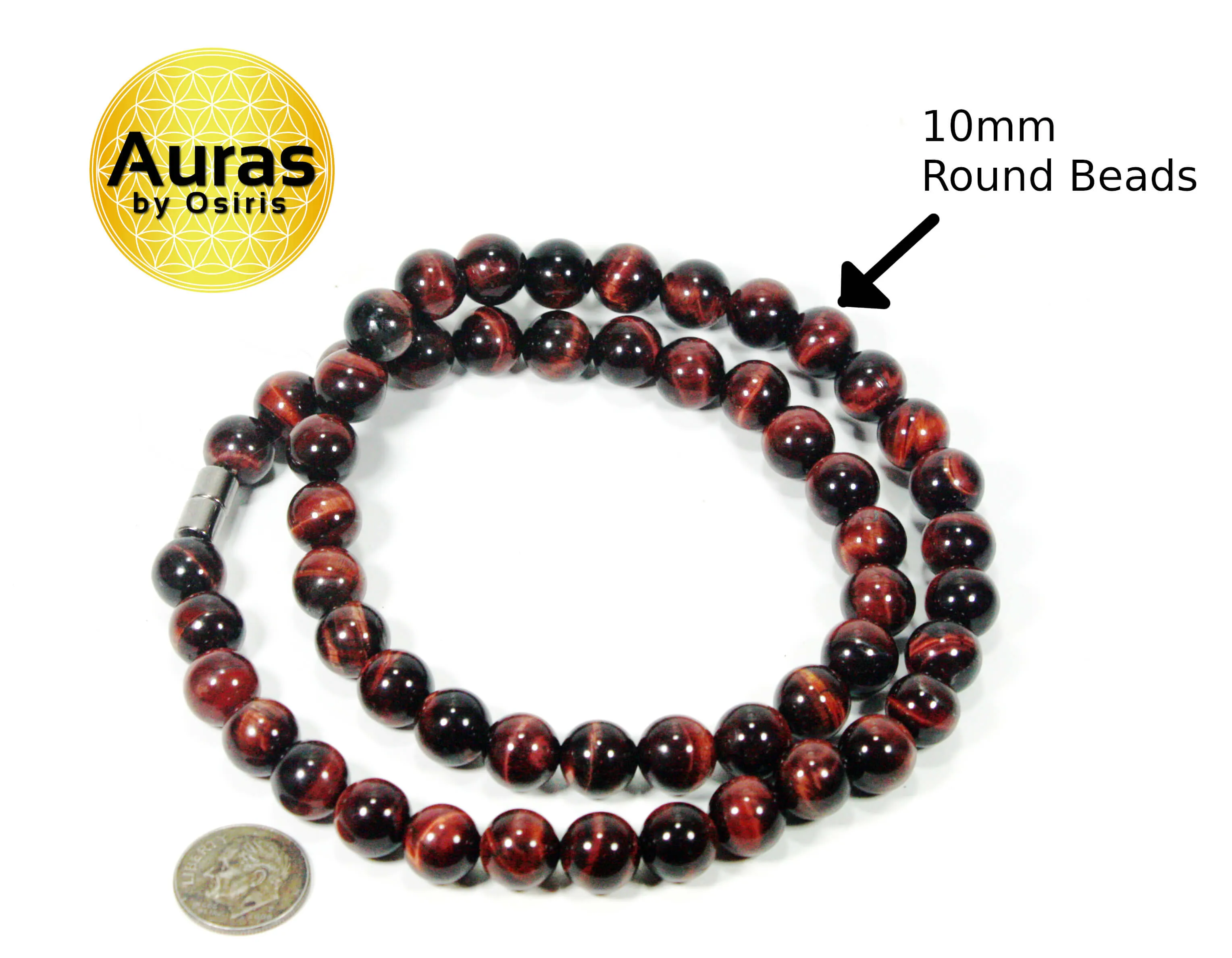 10mm Red Tiger Eye Beaded Necklace for Men/Women - Magnetic Clasp Necklace