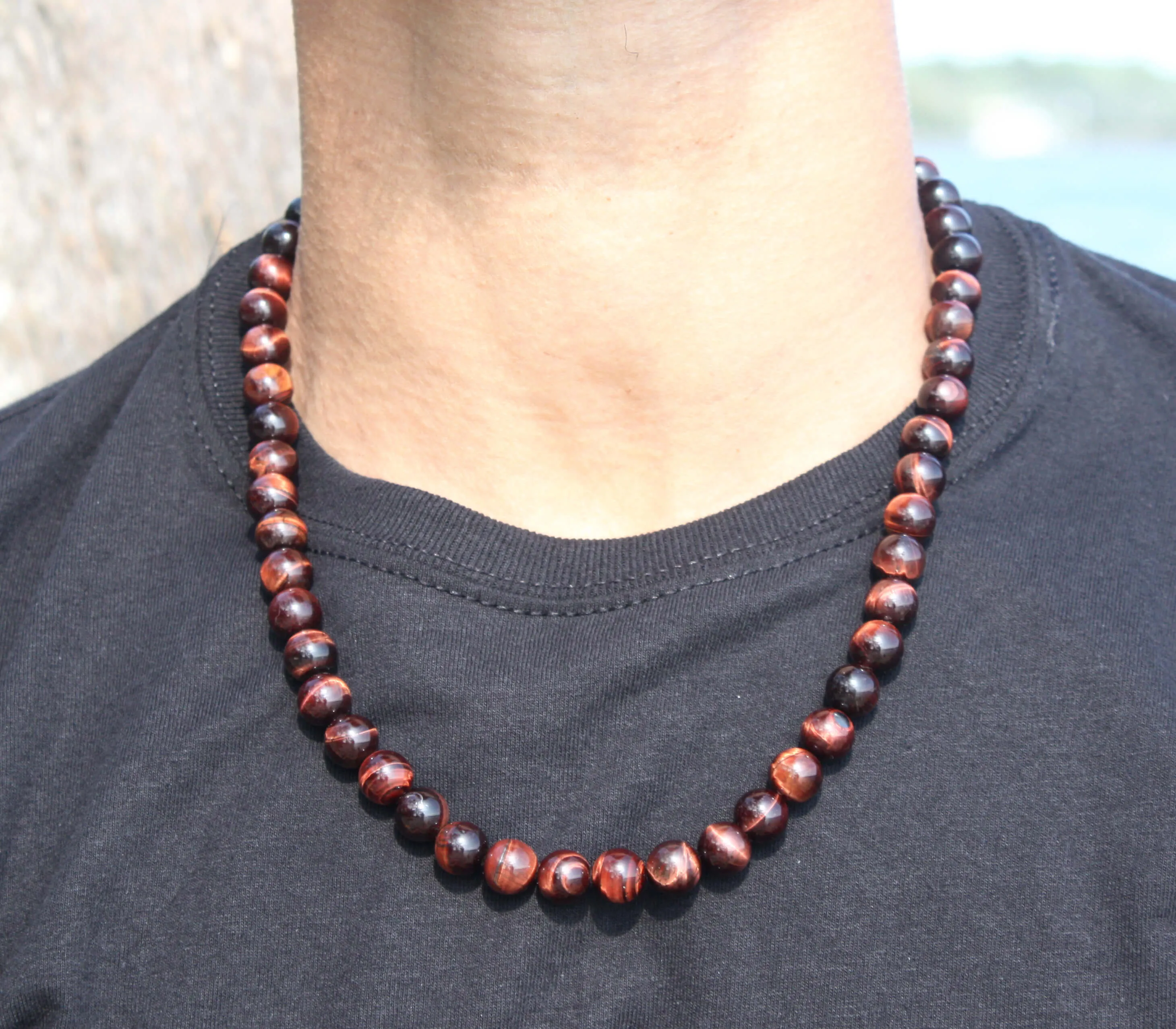 10mm Red Tiger Eye Beaded Necklace for Men/Women - Magnetic Clasp Necklace