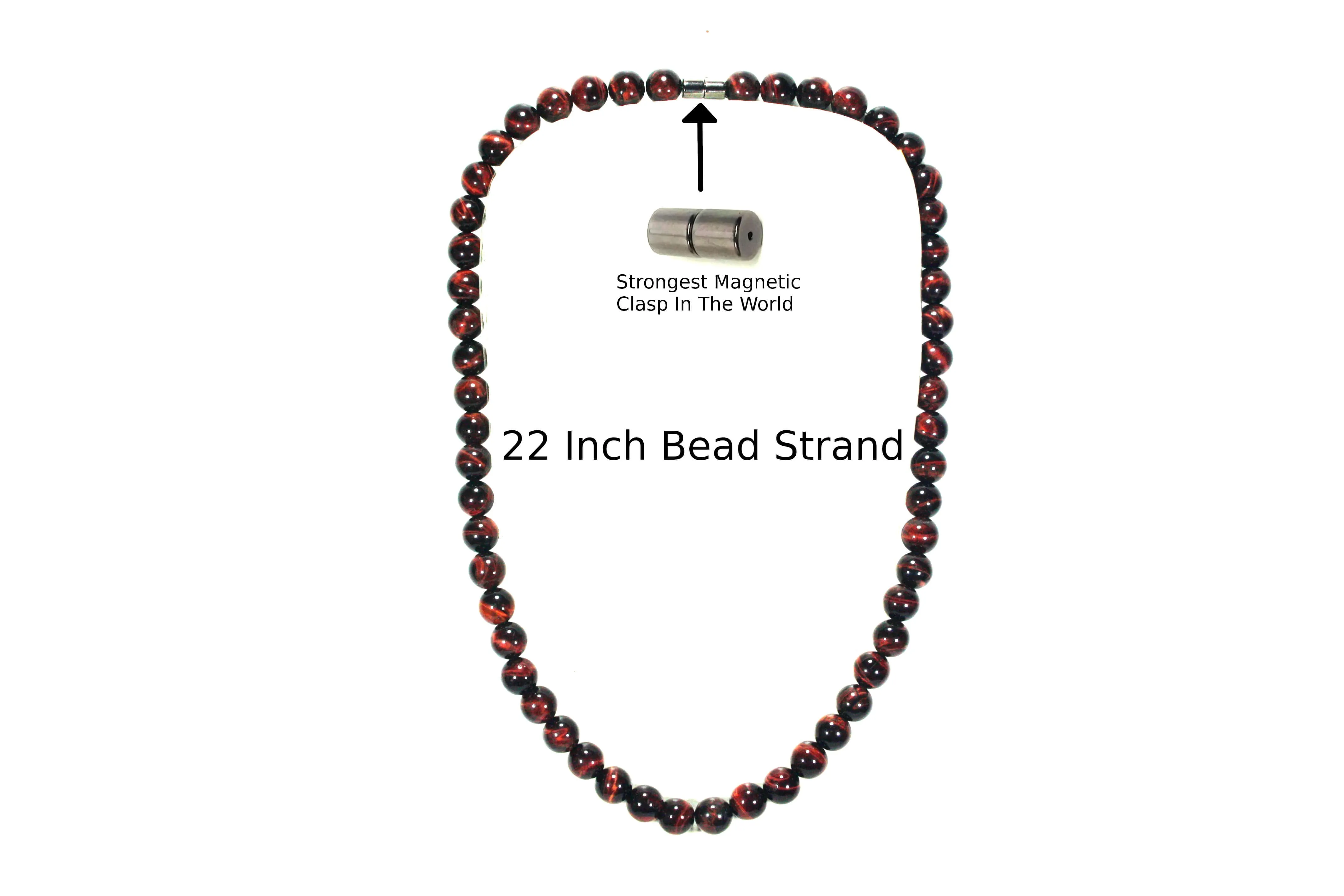 10mm Red Tiger Eye Beaded Necklace for Men/Women - Magnetic Clasp Necklace