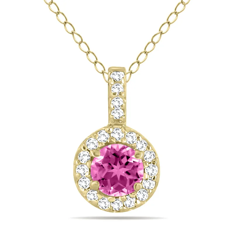 1/2 Carat Tw Halo Pink Topaz And Diamond Pendant In 10K Yellow Gold