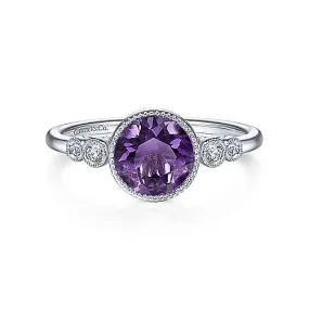 14K White Gold Round Bezel Set Amethyst and Diamond Ring