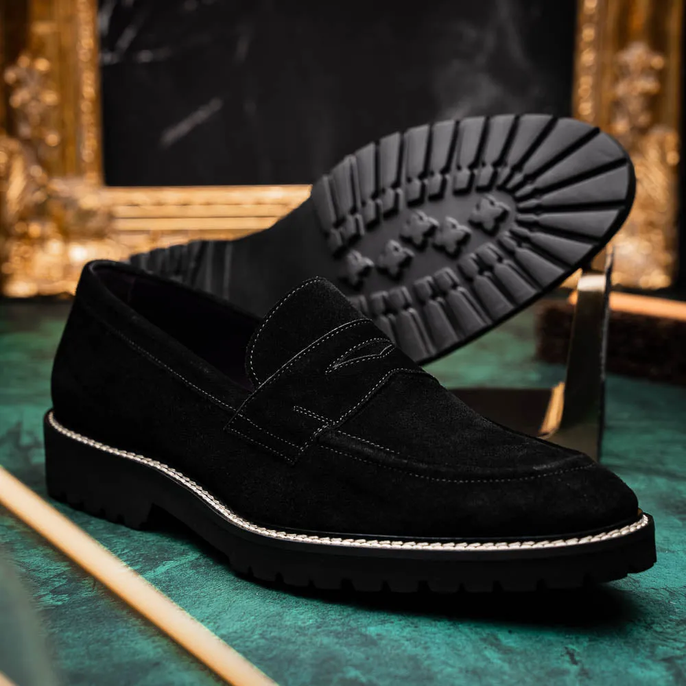 16-657-BLK ROMA Italian Suede Penny Loafers Black