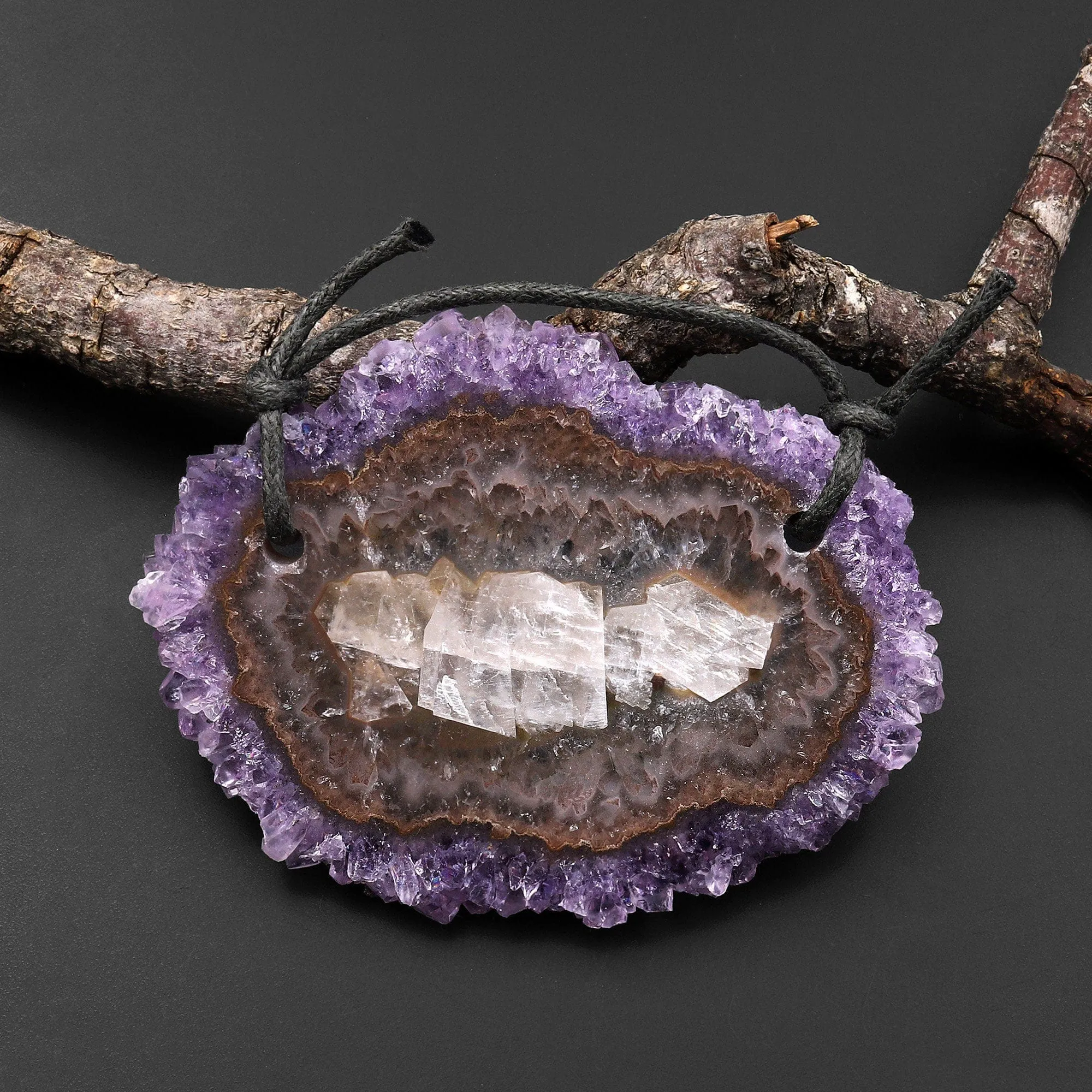 2 Hole Pendant Natural Amethyst Stalactite Flower Pendant Flat Slice Freeform One of a Kind P0112