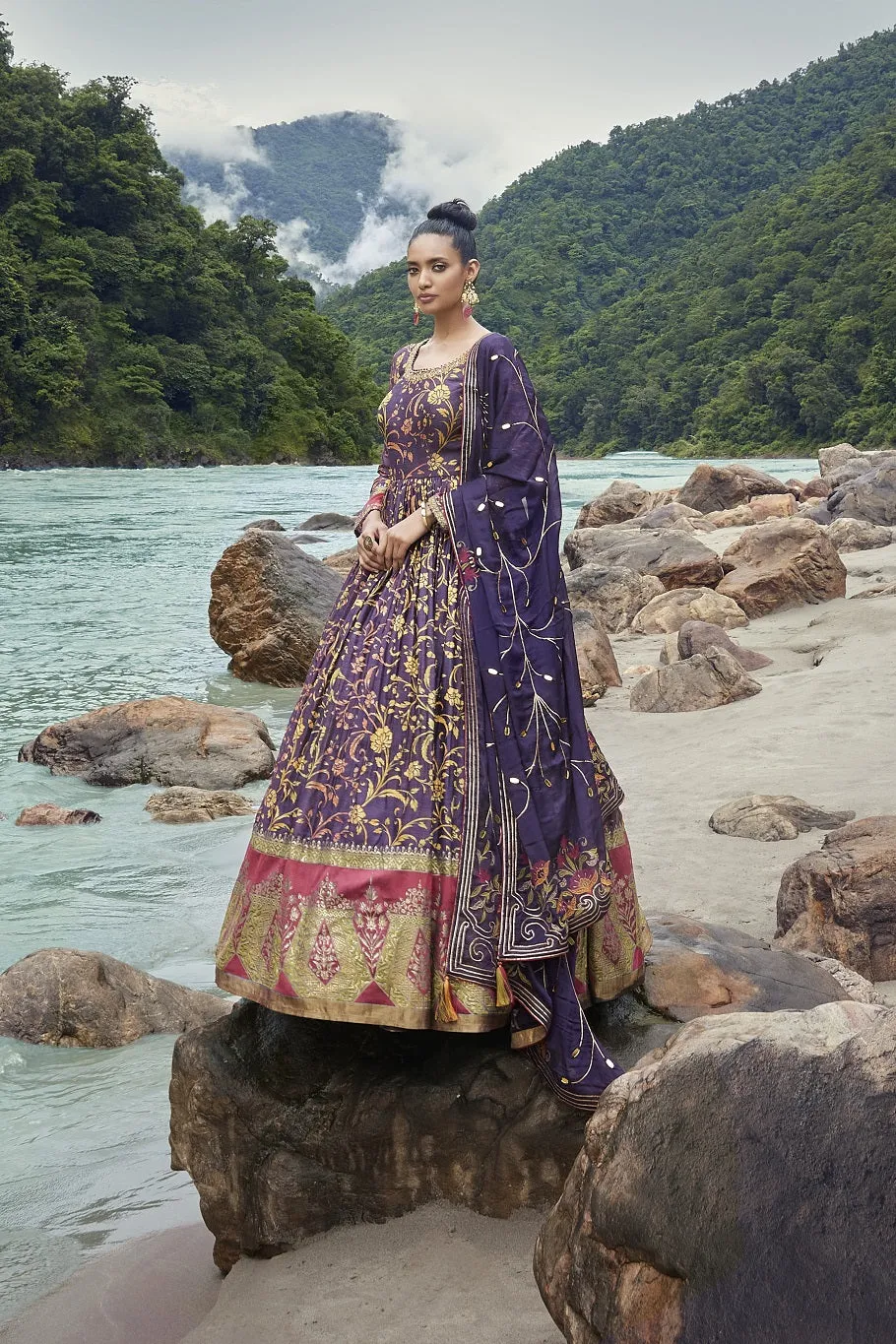 50Z842-RO Purple Embroidered Anarkali Set With Dupatta