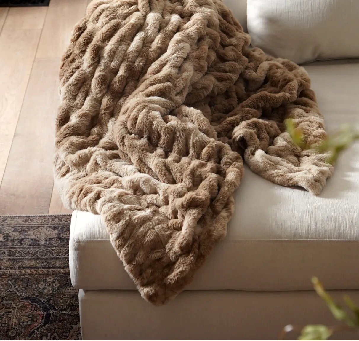 60 Inch Brown Ribbed Faux Fur Throw Blanket