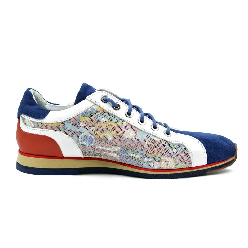 65-211-BLU ALPHA Sueded Calfskin with Print Sneaker, Blue