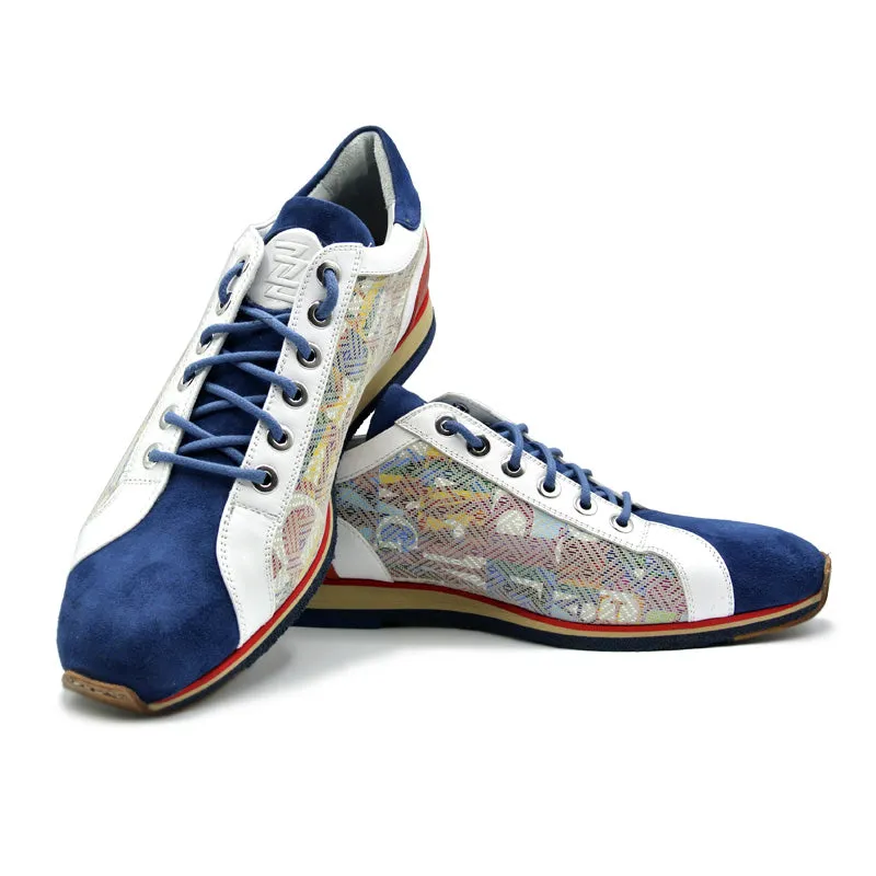 65-211-BLU ALPHA Sueded Calfskin with Print Sneaker, Blue