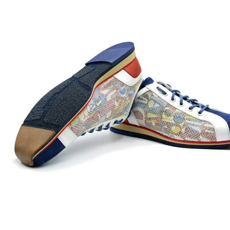 65-211-BLU ALPHA Sueded Calfskin with Print Sneaker, Blue