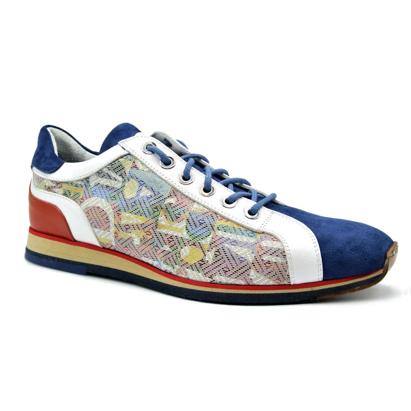 65-211-BLU ALPHA Sueded Calfskin with Print Sneaker, Blue