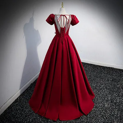 A line Red Short Sleeves Long Prom Dresses SH050