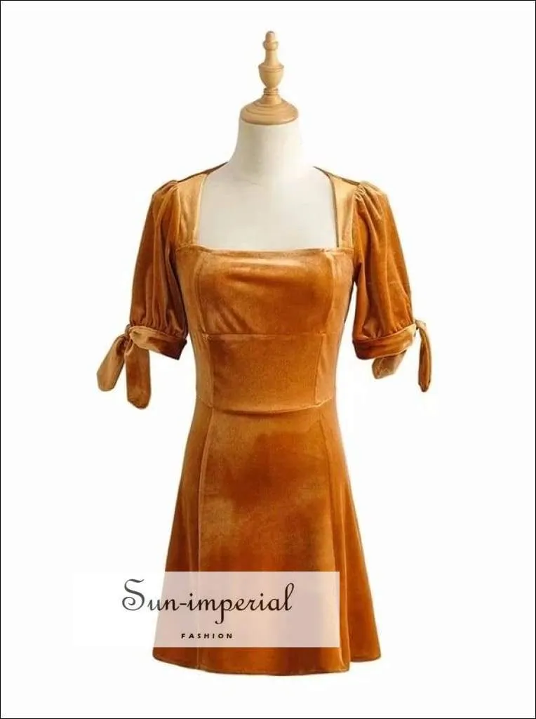 A Line Square Neck Backless Gold Velvet Mini Dress with Tie Sleeve Usa