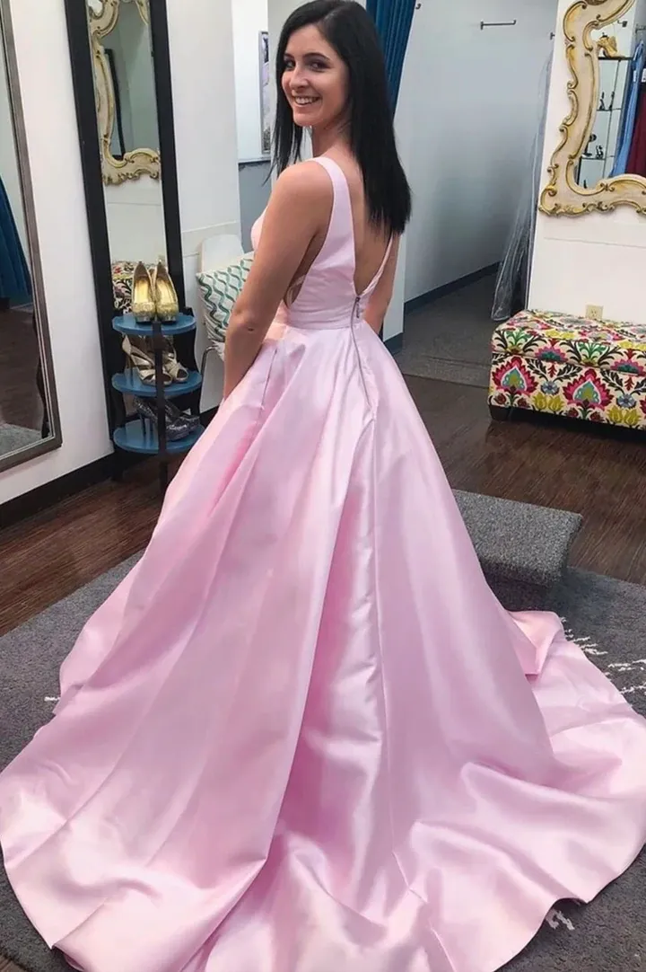 A Line V Neck Pink Satin Long Prom Dresses, A Line V Neck Pink Satin Long  Formal Evening Dresses