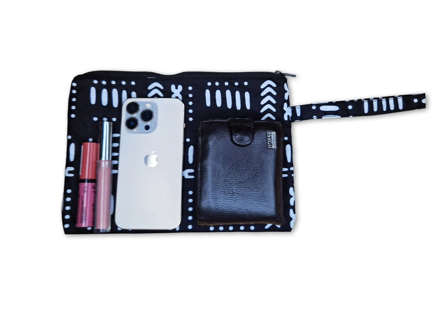 African print Makeup pouch / Pencil case / Cosmetic Bag / Coin Purse - Black / white Bogolan