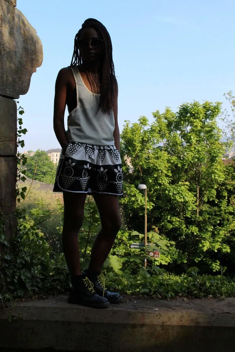 African Print Shorts in Black White Ankara Print - Festival Shorts