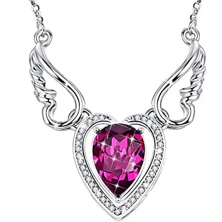 Angel Wing Heart Pendant Necklace White Gold Plated with Austrian Crystal Best Gift for Her