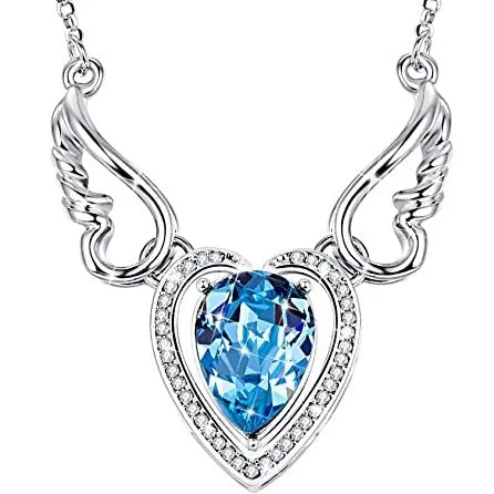 Angel Wing Heart Pendant Necklace White Gold Plated with Austrian Crystal Best Gift for Her