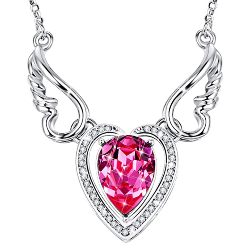 Angel Wing Heart Pendant Necklace White Gold Plated with Austrian Crystal Best Gift for Her