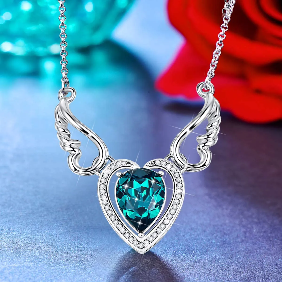 Angel Wing Heart Pendant Necklace White Gold Plated with Austrian Crystal Best Gift for Her