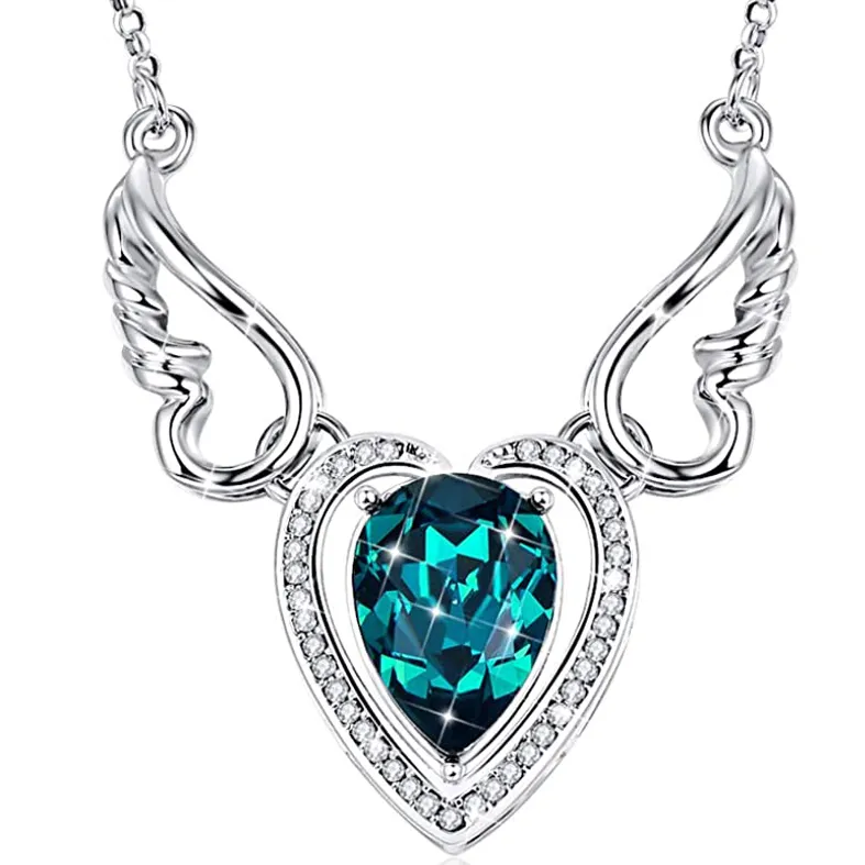 Angel Wing Heart Pendant Necklace White Gold Plated with Austrian Crystal Best Gift for Her