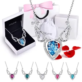 Angel Wing Heart Pendant Necklace White Gold Plated with Austrian Crystal Best Gift for Her