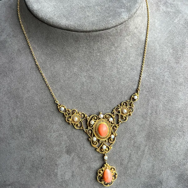 Antique Coral Filigree Necklace