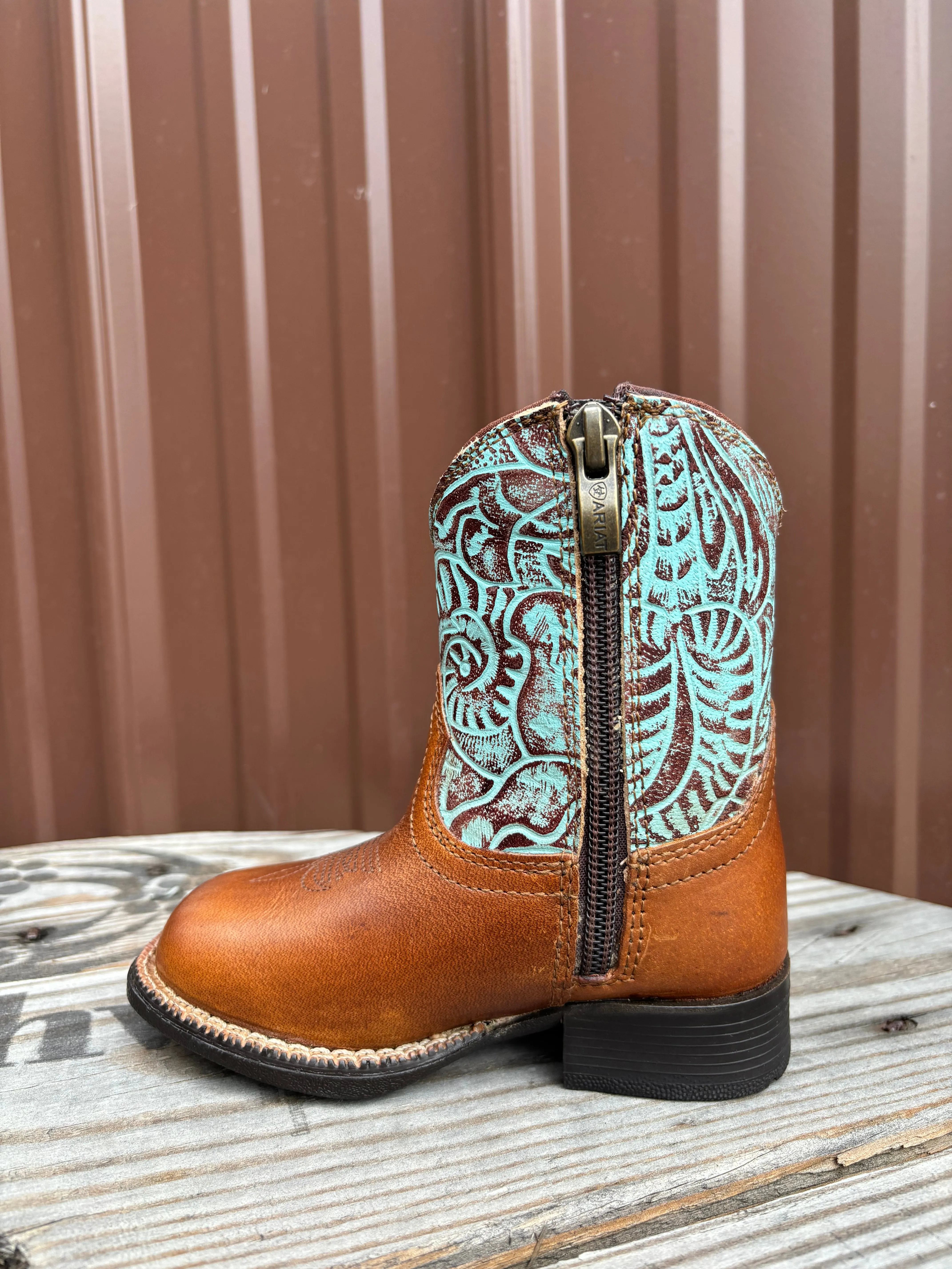 Ariat Lil' Stomper Toddler Roundup Brown Turquoise Embossed Print Western Cowboy Boot A441003502