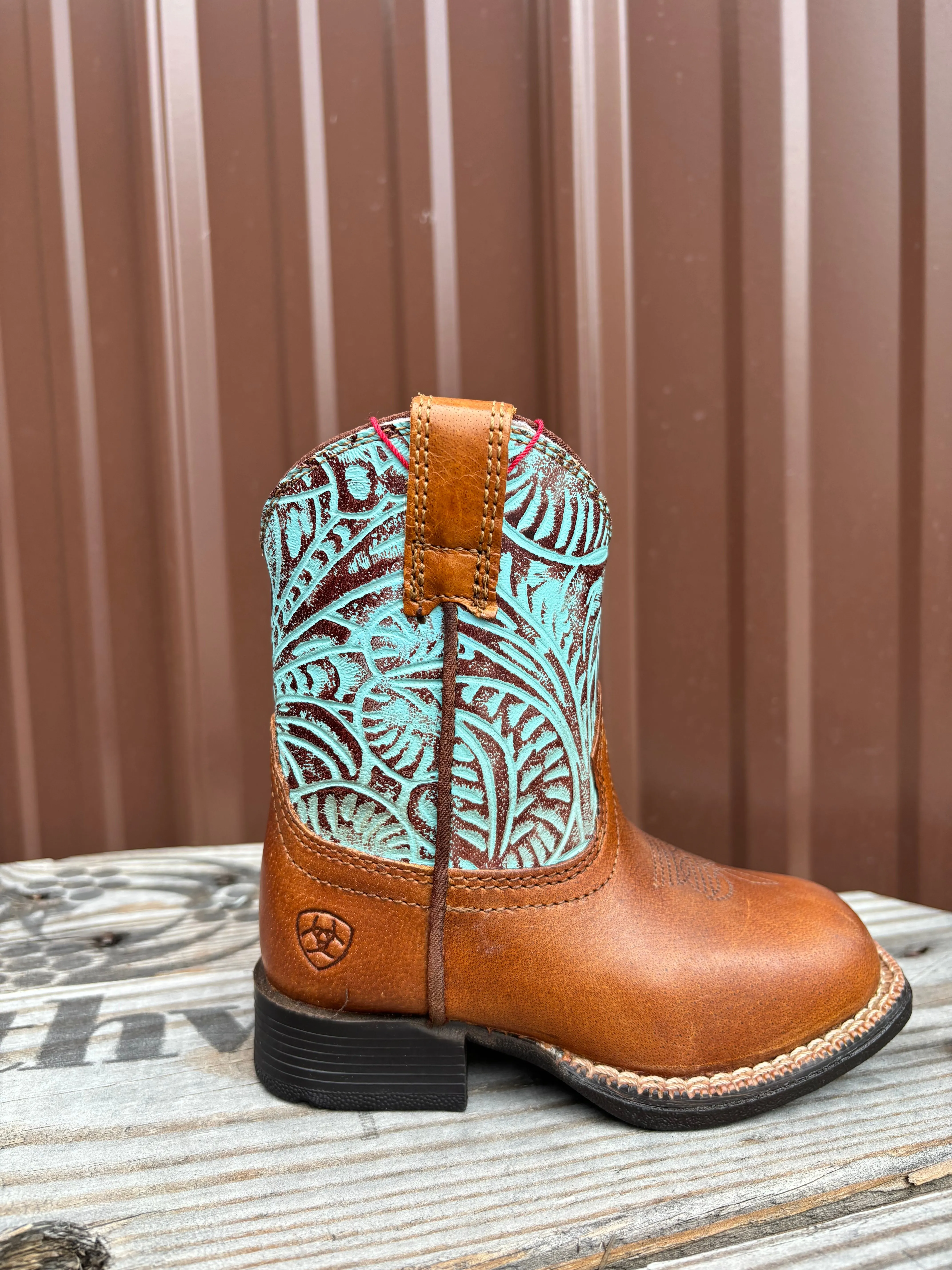 Ariat Lil' Stomper Toddler Roundup Brown Turquoise Embossed Print Western Cowboy Boot A441003502