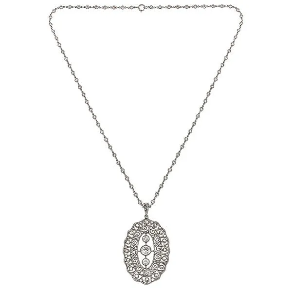 Art Deco Filigree Diamond Pendant on Diamond Chain