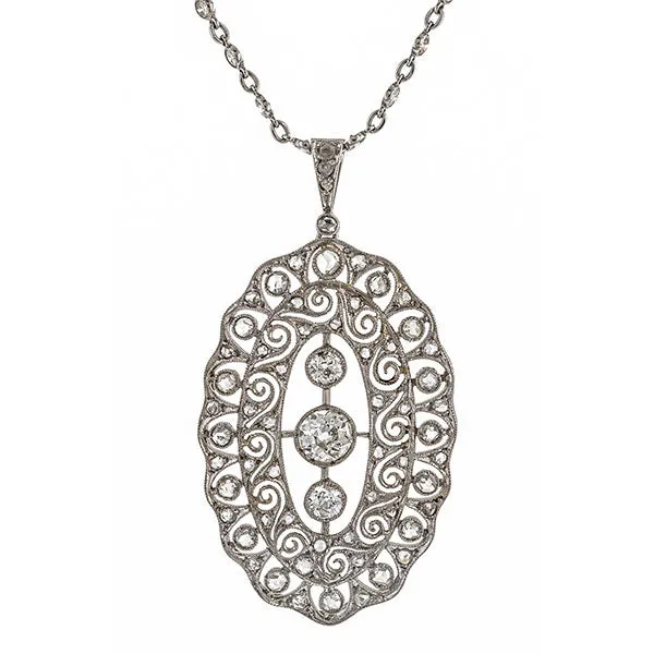 Art Deco Filigree Diamond Pendant on Diamond Chain