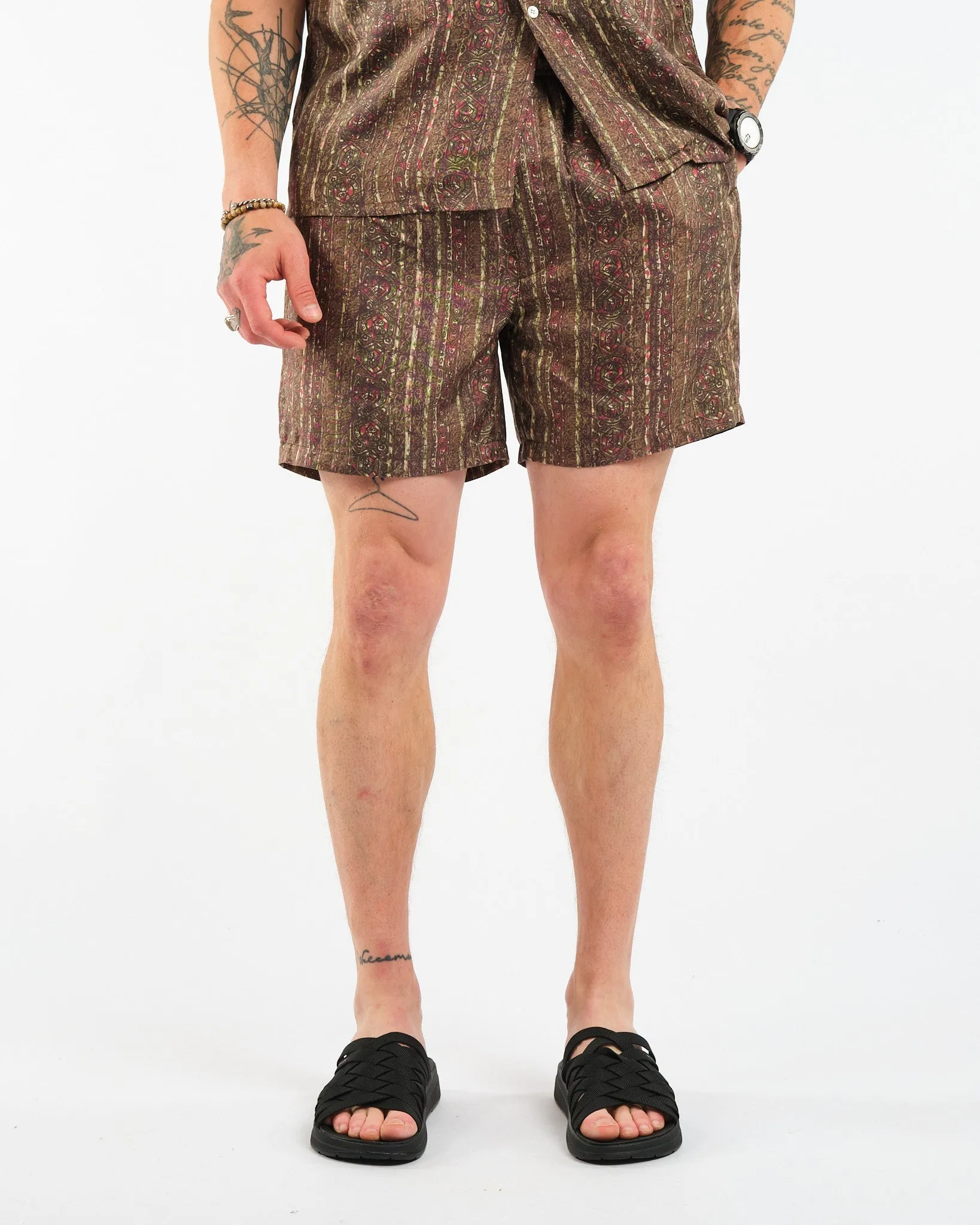 Beach Shorts Silk Batik Print Olive