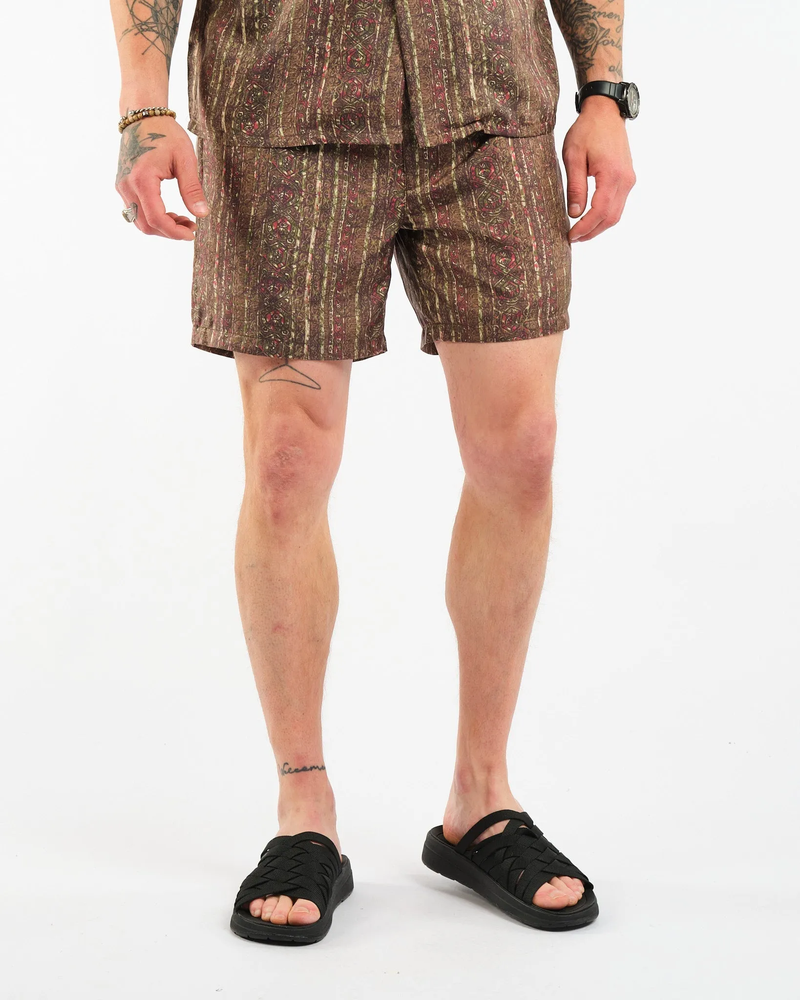 Beach Shorts Silk Batik Print Olive