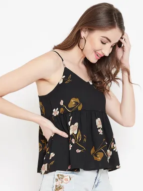 Berrylush Women Black & Beige Floral Printed V-Neck Peplum Top