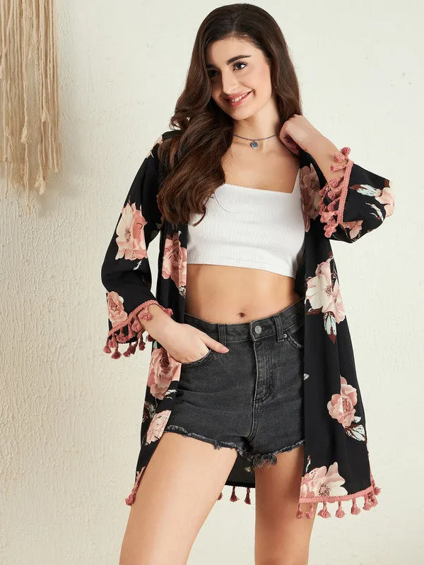 Berrylush Women Black & Pink Floral Printed Open-Front Neck Three-Quarter Sleeves Straight Hem Tasselled Longline Shrug