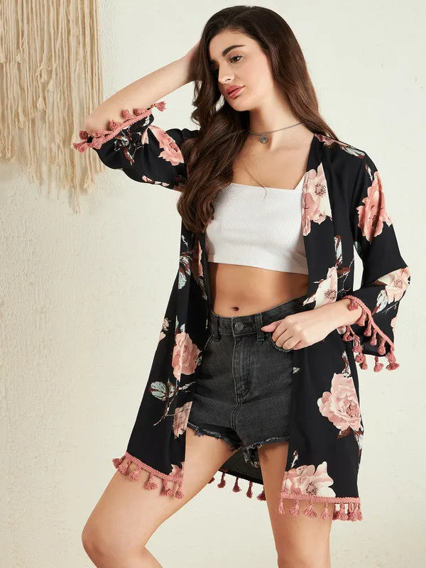 Berrylush Women Black & Pink Floral Printed Open-Front Neck Three-Quarter Sleeves Straight Hem Tasselled Longline Shrug