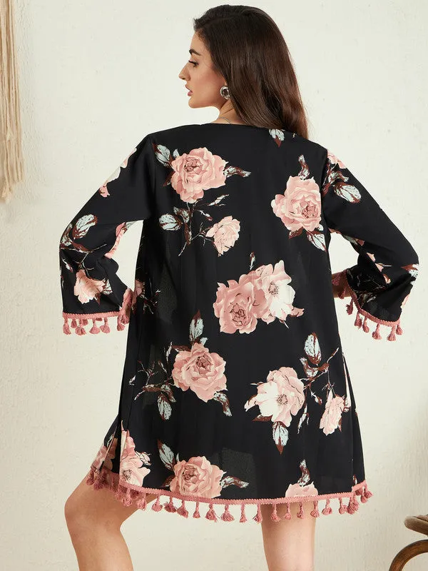 Berrylush Women Black & Pink Floral Printed Open-Front Neck Three-Quarter Sleeves Straight Hem Tasselled Longline Shrug