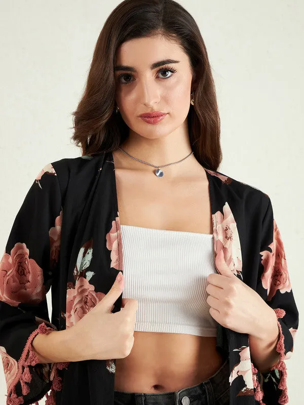 Berrylush Women Black & Pink Floral Printed Open-Front Neck Three-Quarter Sleeves Straight Hem Tasselled Longline Shrug