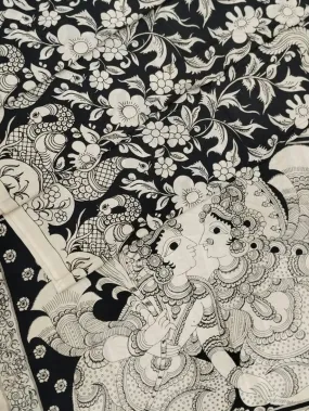 Black And White Hand Painted Kalamkari Chennur Silk Saree