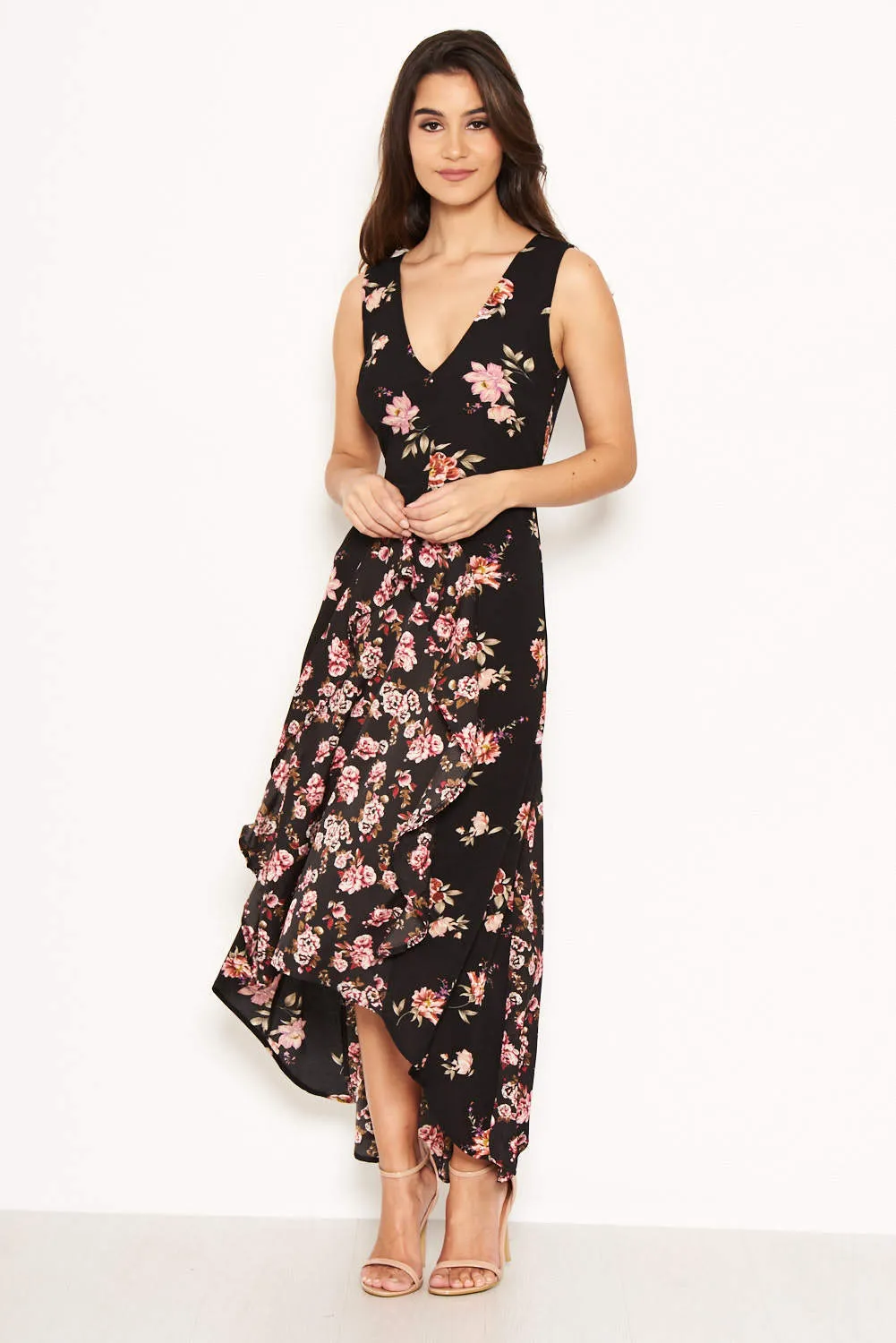 Black Floral V Neck Maxi Dress