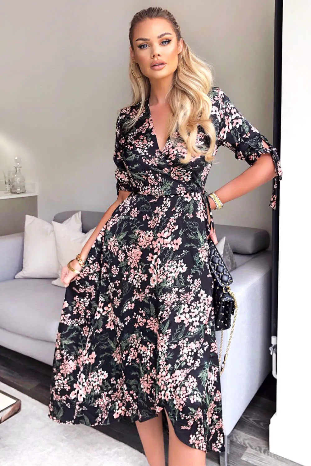 Black Floral Wrap Dress With Ties