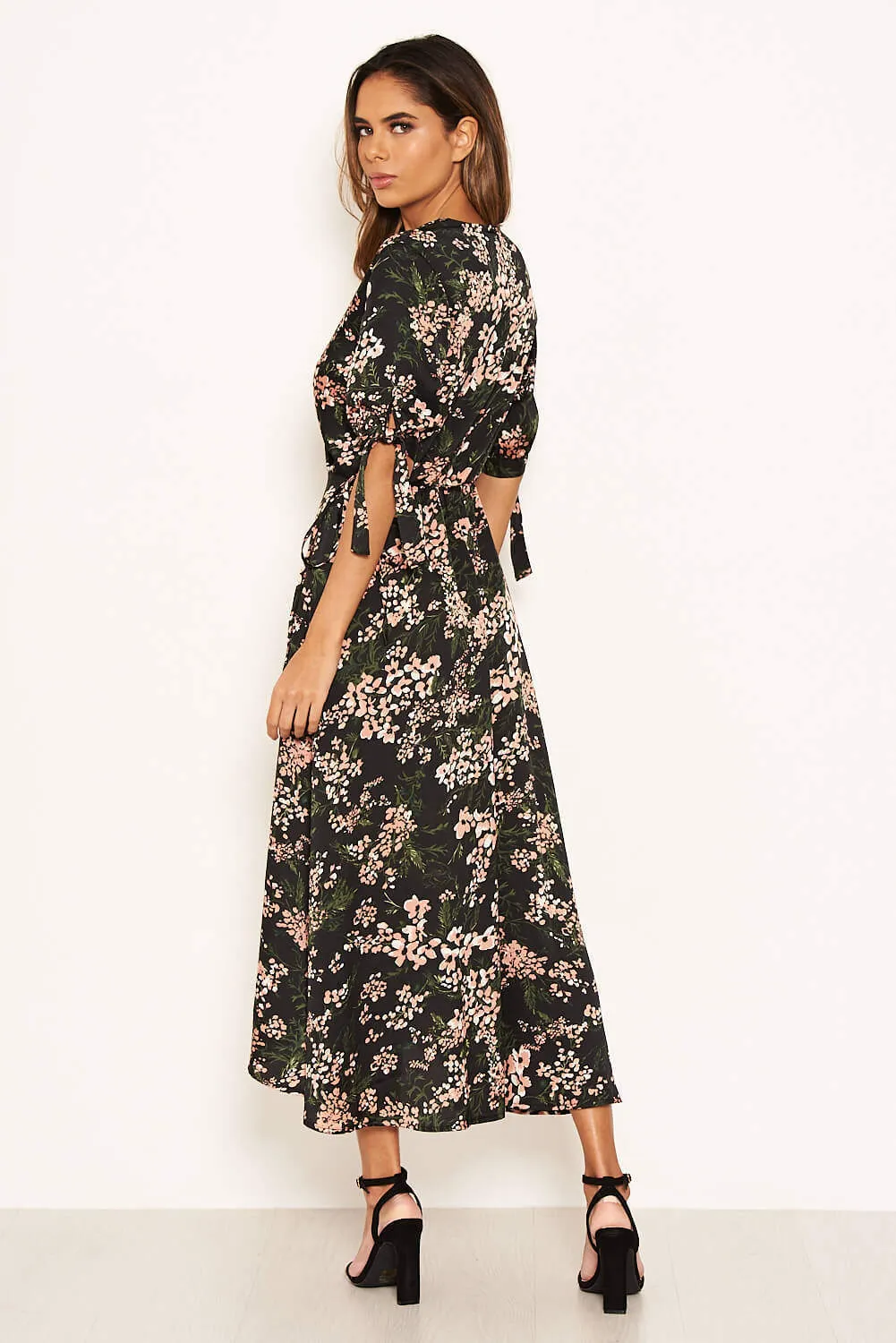 Black Floral Wrap Dress With Ties