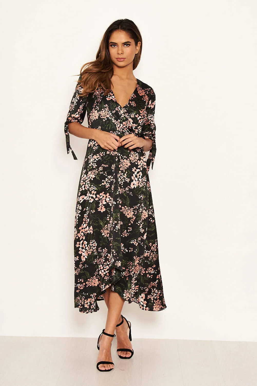 Black Floral Wrap Dress With Ties