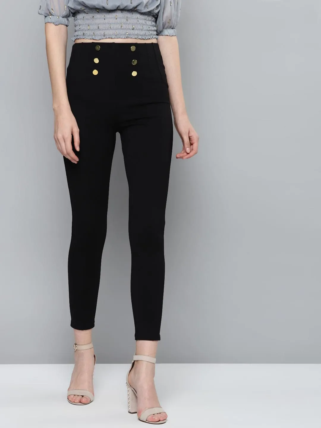 Black Front Button High Waist Jeggings