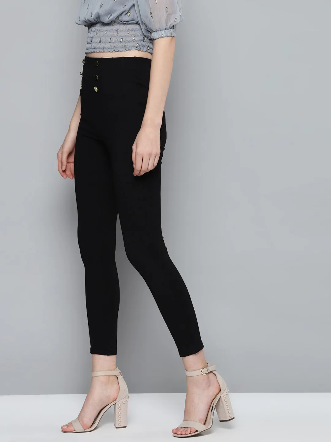 Black Front Button High Waist Jeggings