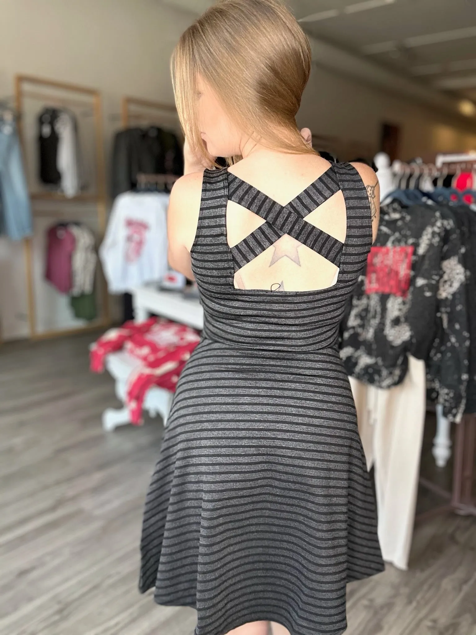 Black Grey Stripe Flare Dress