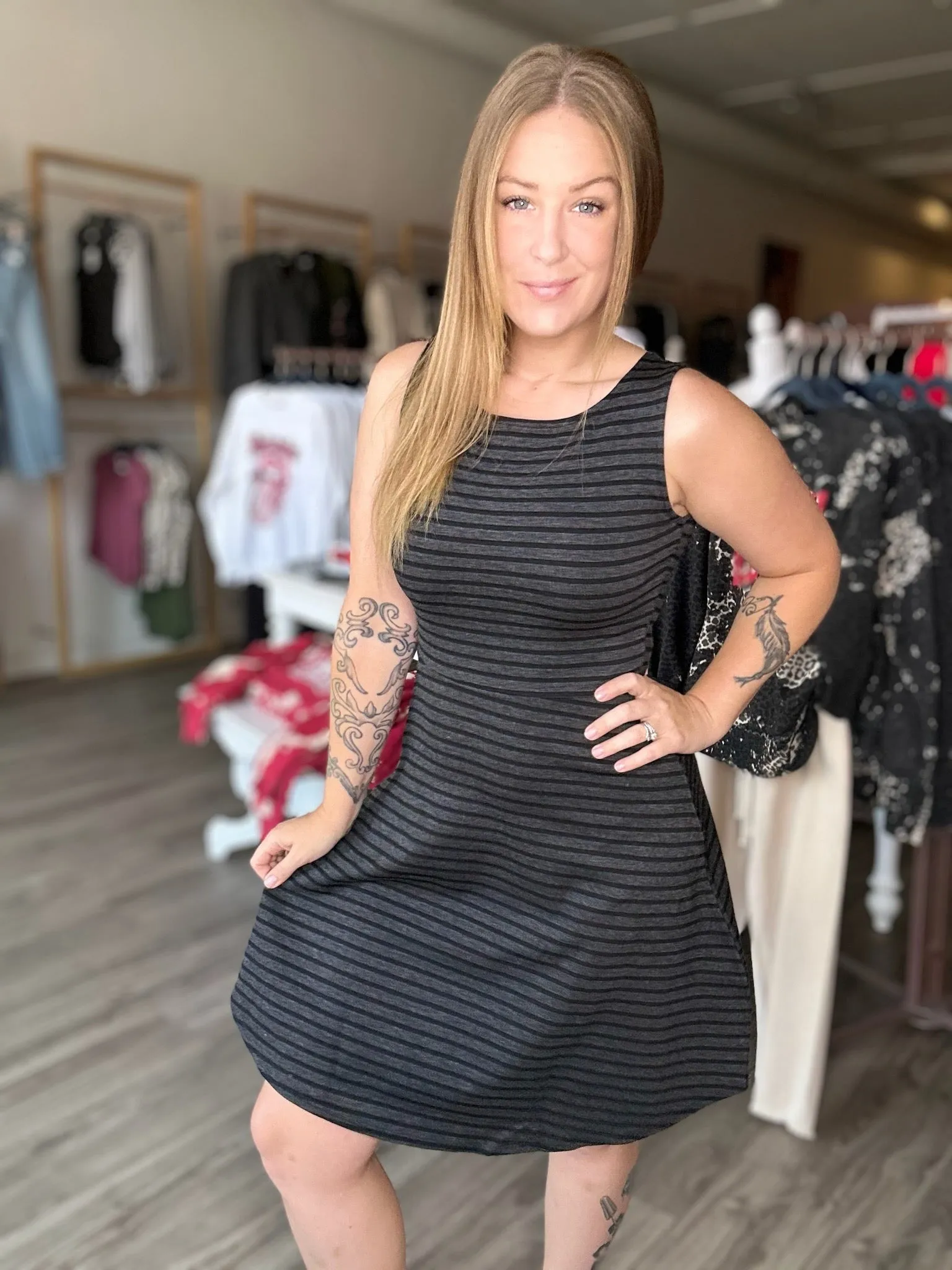 Black Grey Stripe Flare Dress