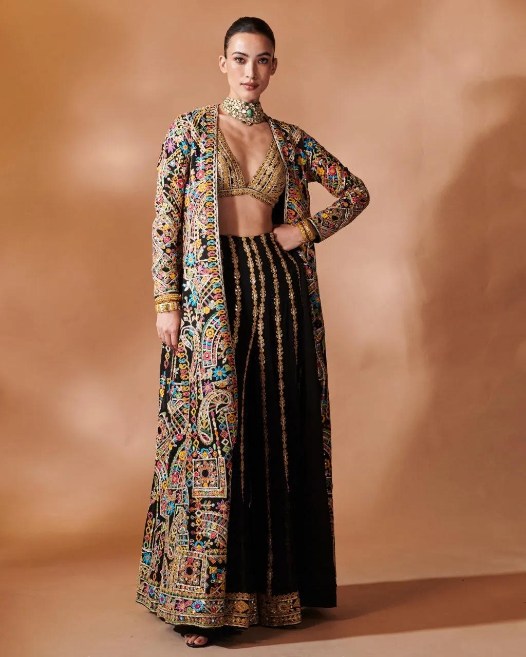 Black Long Embroidered Jacket With A Bustier And Sharara